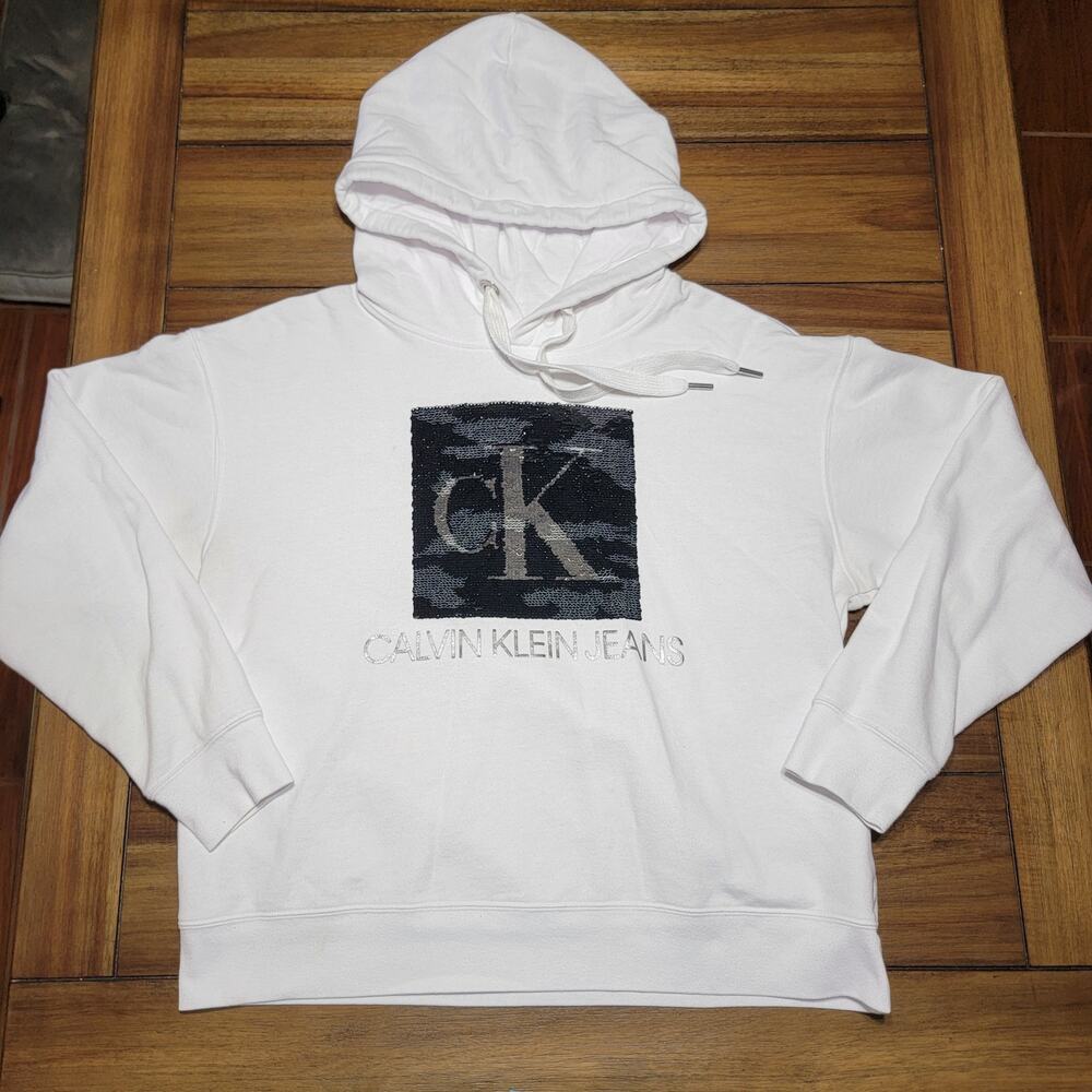 Calvin Klein Jeans LS White Pullover Hoodie w/ 2-Way Sequin - Size Large